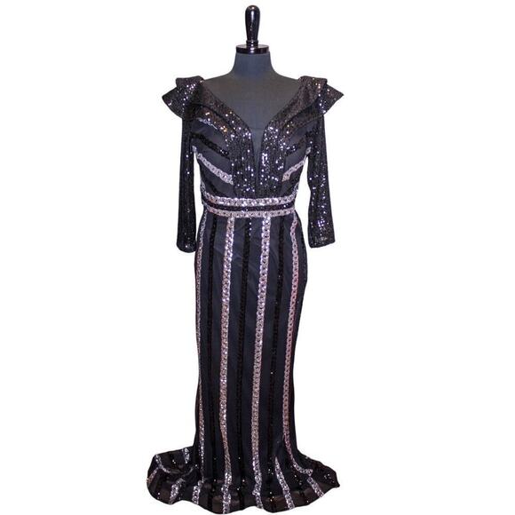 Reseda Sequin Gown Formal Black Silver Sparkle Floor Length Maxi Event - Picture 1 of 5